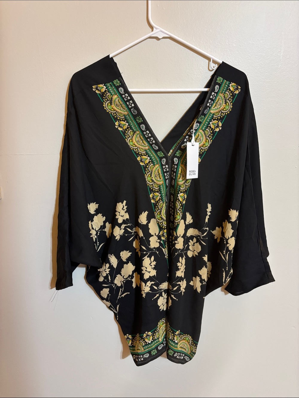 Rose & Olive Black Tunic with Green and Cream Floral Trim NWT size XL